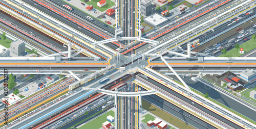 Фотография An intricate, multi-level transportation interchange with numerous train tracks, roads, and bridges intersecting in a complex urban environment