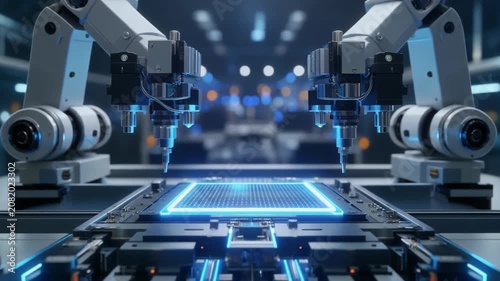 金属のロボット機構が発光する半導体プロセッサを組み立てる先端研究室の場面