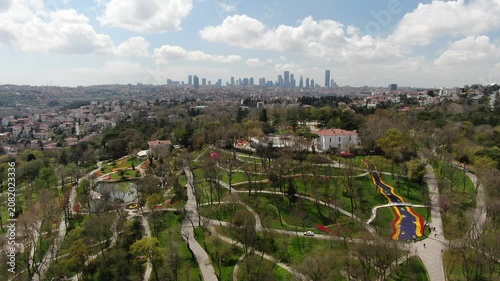 Aerial view of the Bosphorus with tulips; view of the Turkish flag; general aerial view of Istanbul