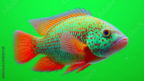 Vibrant tropical cichlid fish swimming in clear water against a bright green screen background, side view