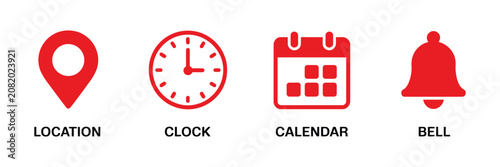 Фотография Location clock calendar bell icon, Modern symbols for time, date, alarm, reminders, scheduling, and navigation in clean vector style