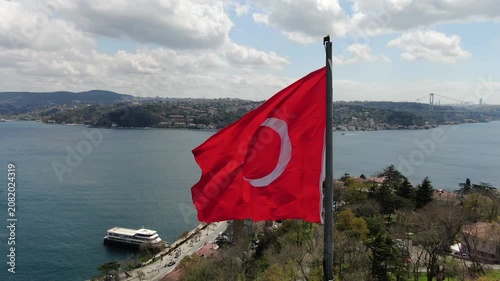 Aerial view of the Bosphorus with tulips; view of the Turkish flag; general aerial view of Istanbul