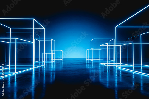 Neon-lit wireframe cubes arranged in a futuristic digital space, casting reflections on a smooth dark surface, conveying modern tech aesthetics.