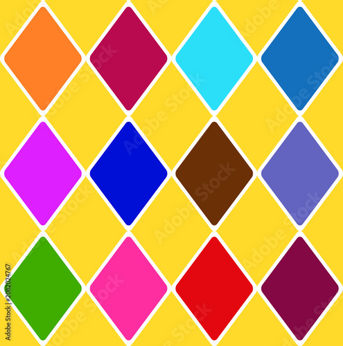A modern and vibrant abstract background featuring colourful diamond-shaped geometric patterns separated by clean white borders. The design creates a stylish mosaic effect with bright gradient colours
