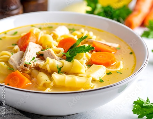 Hearty chicken noodle soup with vegetables and pasta close up