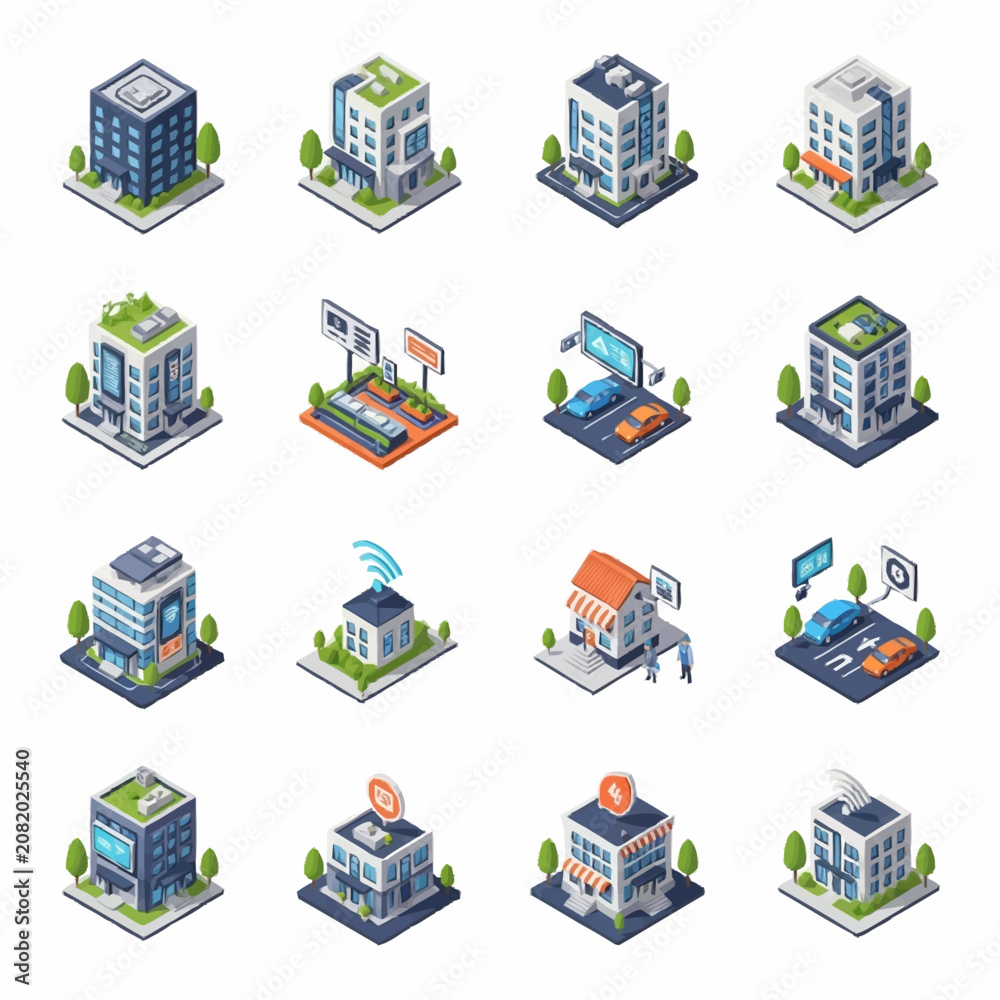 Fototapeta premium Isometric illustration of modern buildings and urban icons.