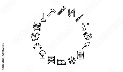 Construction tools outline icon collection with engineering and renovation symbols
