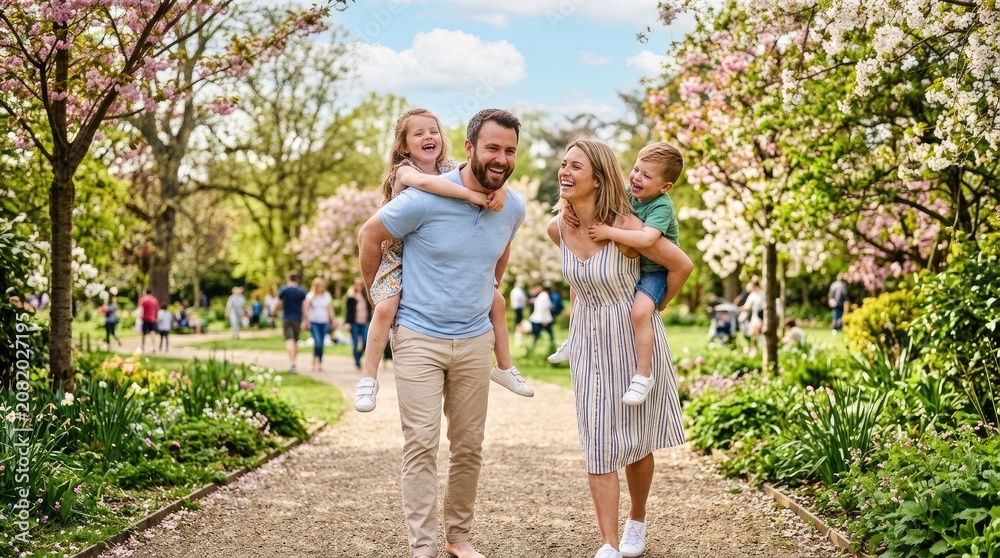 Fototapeta premium A happy family enjoys a springtime walk through a blooming garden. A man carries his two young children on his shoulders, while his wife walks alongside them.
