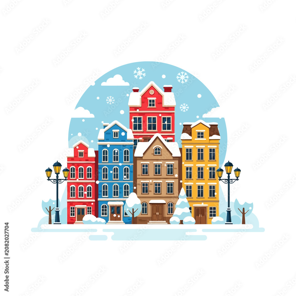 Obraz premium Vector illustration of colorful European houses in a winter town covered in snow.