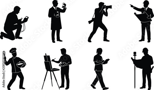 Professional professions silhouettes set featuring technician scientist photographer engineer chef artist nurse and surveyor workers isolated on white background