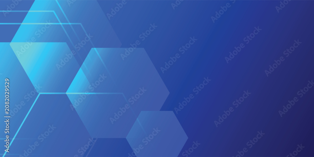 Obraz premium Futuristic abstract background, layered hexagonal shapes with glowing cyan outline, blue gradient polygons, dark blue background,