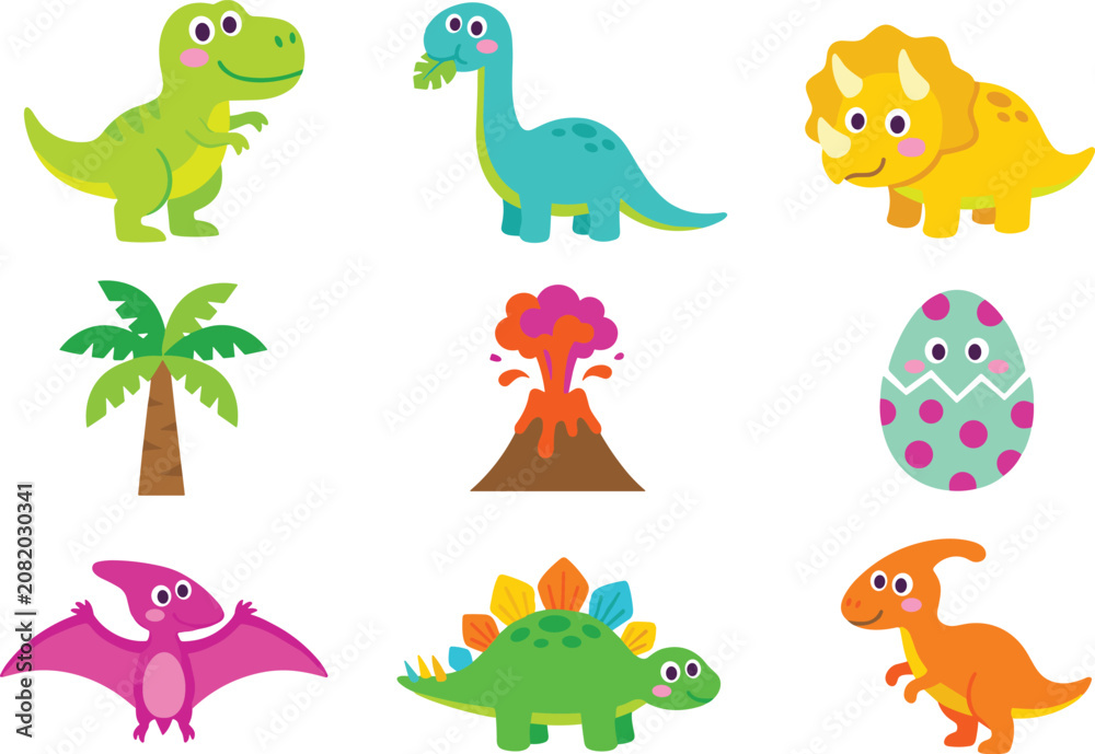 Obraz premium Cute Dinosaur Vector Illustration Collection with Cartoon T Rex, Triceratops, Brontosaurus, Stegosaurus, Pterodactyl, Volcano, Palm Tree, and Dinosaur Egg