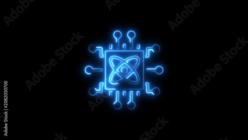 Glowing blue neon circuit board with atom symbol on black background microchip