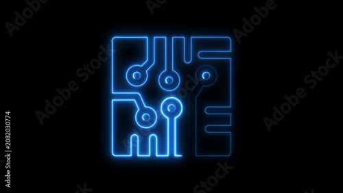 Blue neon circuit board on black background glowing