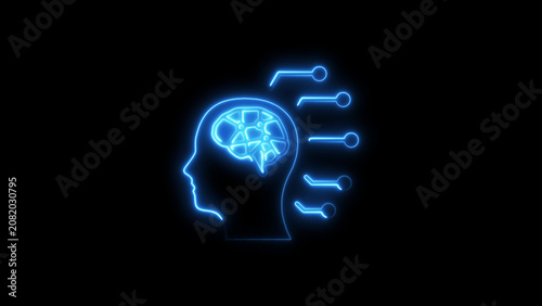 Glowing blue neon human head with brain and circuit connections