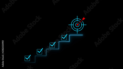Blue steps with checkmarks leading to a target bullseye
