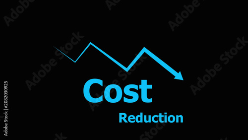 Blue cost reduction graph on black background with downward trend arrow chart 1