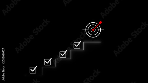 White checklist steps leading to red target on black background bullseye