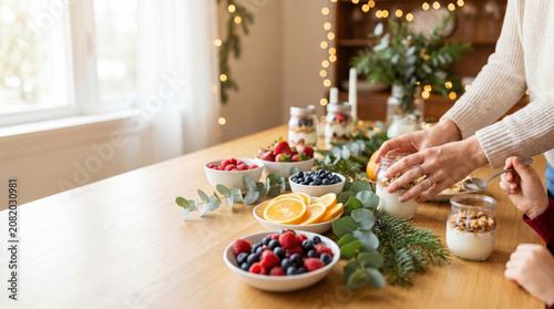 Hands assembling yogurt bowls with fruit and granola on a wooden table decorated with greenery and citrus. The scene conveys cozy holiday morning and healthy eating.