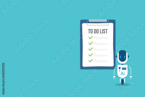Robot with artificial intelligence and to do list. Successful execution of business tasks at the office.	