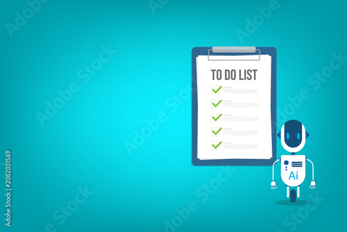 Robot with artificial intelligence and to do list. Successful execution of business tasks at the office.	