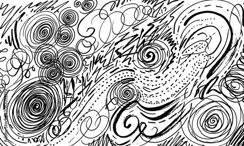 Black and white abstract swirling line art design for coloring book pages and wall art