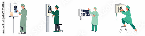Bild auf Leinwand Set of medical illustrations showing doctors and surgeons in green scrubs examining various X-ray scans on light boxes for patient diagnosis