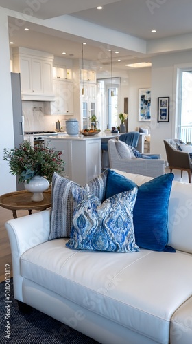 Modern coastal living space with elegant white sofa adorned with blue patterned and velvet throw pillows, showcasing open-concept kitchen with sleek design and natural light