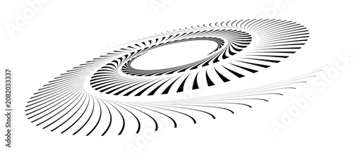 Toroidal spiral of radial line bundles in perspective projection on white, evoking a turbine, feather, or peacock motif, ideal for science, nature editorial, and avant-garde poster design.
