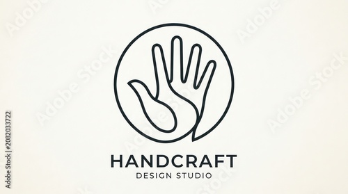 Creative line art logo design featuring human hand inside circular frame for design studio.
