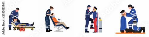Foto Vector illustration set of paramedics and emergency medical technicians providing first aid and applying cervical collars to injured patients in various emergency scenarios