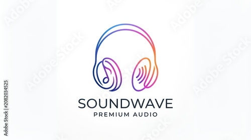 Minimalist logo design featuring gradient line art headphones with musical note elements.
