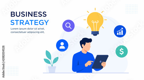 Картината върху платно Business strategy vector banner featuring a businessman working on a tablet surrounded by concept icons