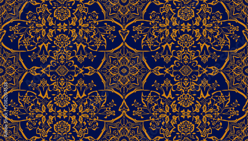Bild auf Leinwand Intricate golden floral and geometric pattern on a deep blue background, creating a luxurious and ornate decorative textile design