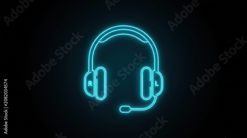 Blue neon line art gaming headset icon with labeled right and left sides on black surface.