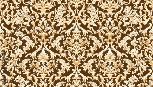 Tableau sur toile Elegant brown and beige damask pattern with intricate baroque floral and foliate motifs, creating a luxurious and classic background design