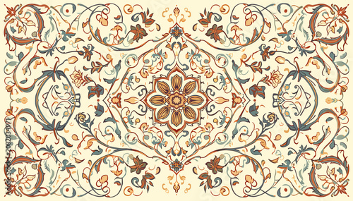 Tableau sur toile Detailed ornate symmetrical floral and foliate pattern, traditional textile design with central medallion, intricate decorative motif