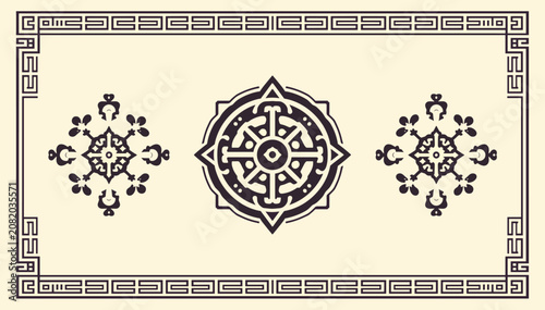 Фотография An intricate symmetrical design featuring a central Dharma wheel-like symbol flanked by two smaller ornate patterns, all enclosed within a decorative Greek key border