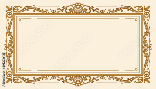 Bild auf Leinwand Elegant vintage golden ornate rectangular frame with intricate scrollwork and blank cream background for design elements