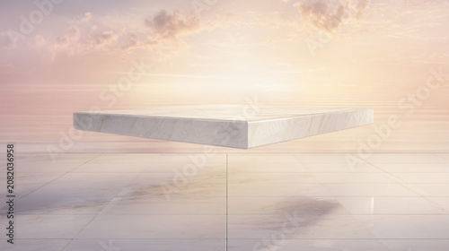 masterpiece floating white marble podium suspended above a reflective floor, monumental geometric composition, glowing sunrise horizon, soft atmospheric haze