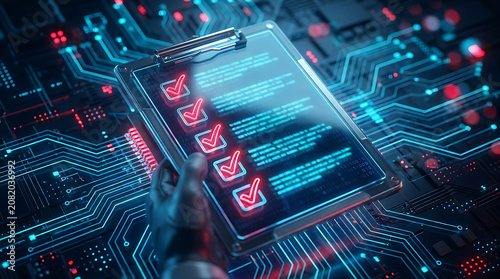A digital clipboard showing a completed checklist over a glowing blue and red circuit board background.