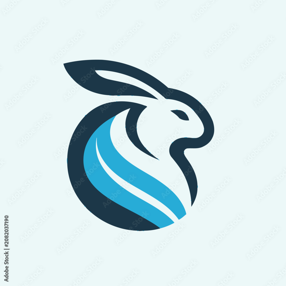 Obraz premium A modern minimalist logo featuring a stylized rabbit's head and body in dark blue and light blue, integrated into a circular design with flowing wave elements.