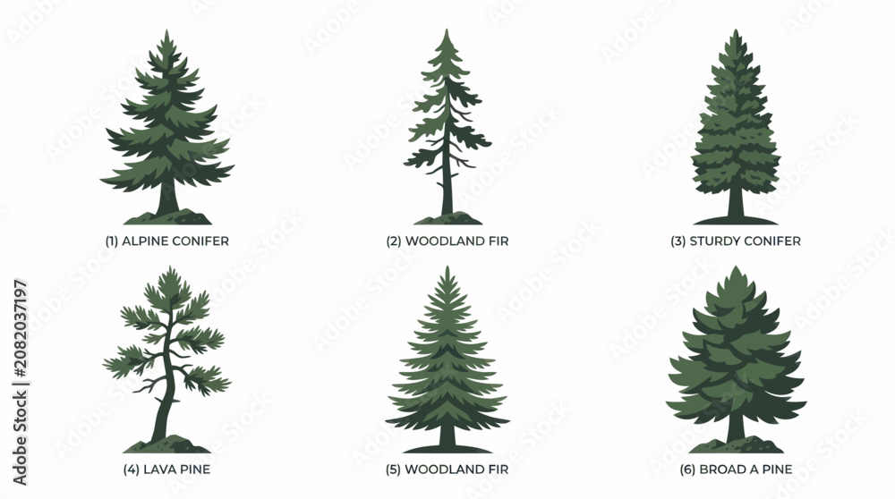 Fototapeta premium Collection of evergreen tree illustrations