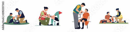 Foto Vector illustrations showing paramedics and medical staff providing first aid and emergency assistance to injured athletes in various sports settings