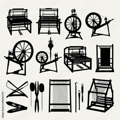 Vintage weaving loom silhouettes, antique spinning wheel vector icons, traditional textile machinery and fiber art tools collection
