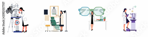 Professional Ophthalmology and Optometry Illustration Set featuring Eye Exams, Vision Tests, and Medical Equipment on a White Background