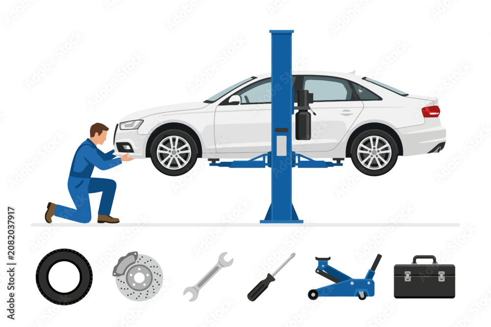 Naklejka premium Mechanic Inspecting Car on Hydraulic Lift in Repair Shop
