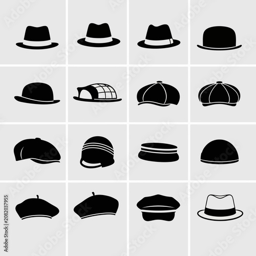 Vintage hat icons set, 16 classic headwear vector silhouettes, retro fashion accessories for men and women, black fedora and beret symbols