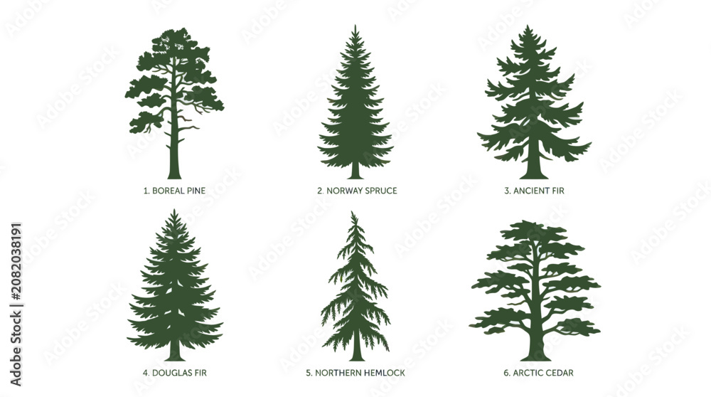 Obraz premium Collection of coniferous tree silhouettes