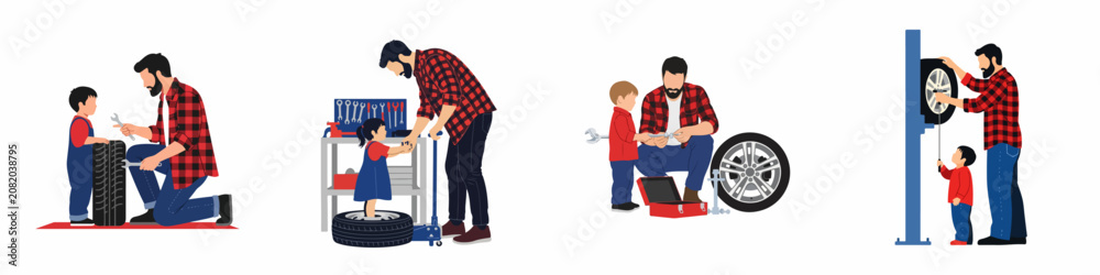 Obraz premium Flat vector illustration set of a father and child repairing a car together, featuring tire changing, tool use, and garage bonding activities.